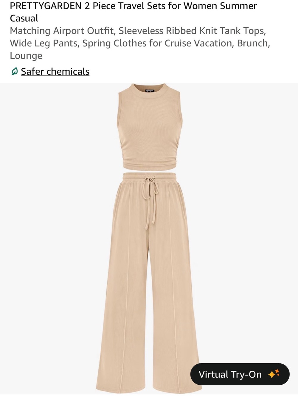 Sleeveless Ribbed Crop Top & Wide-Leg Drawstring Pants Set in Beige